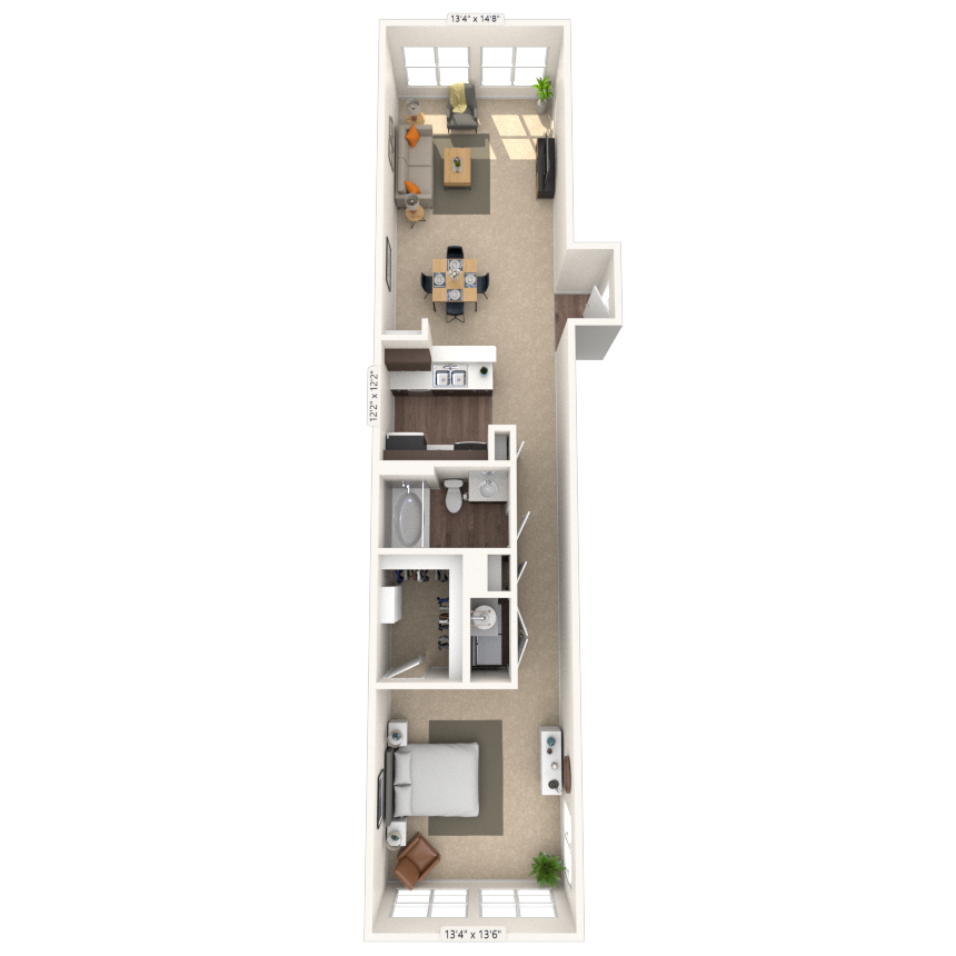 Floor plan for 1 bed, 1 bath, 908 sqft